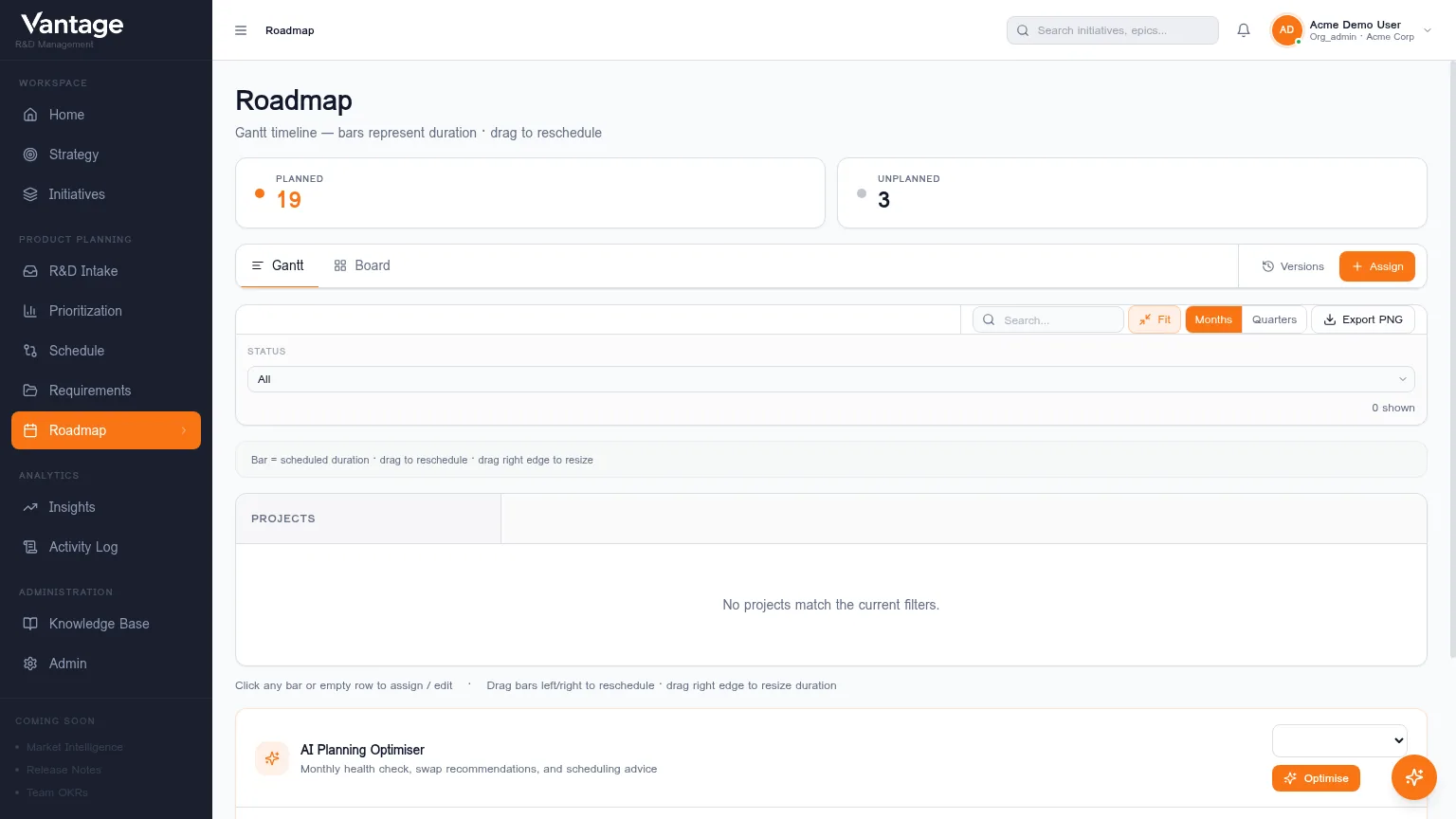 Vantage roadmap planning interface showing a Gantt timeline with scheduled R&D initiatives